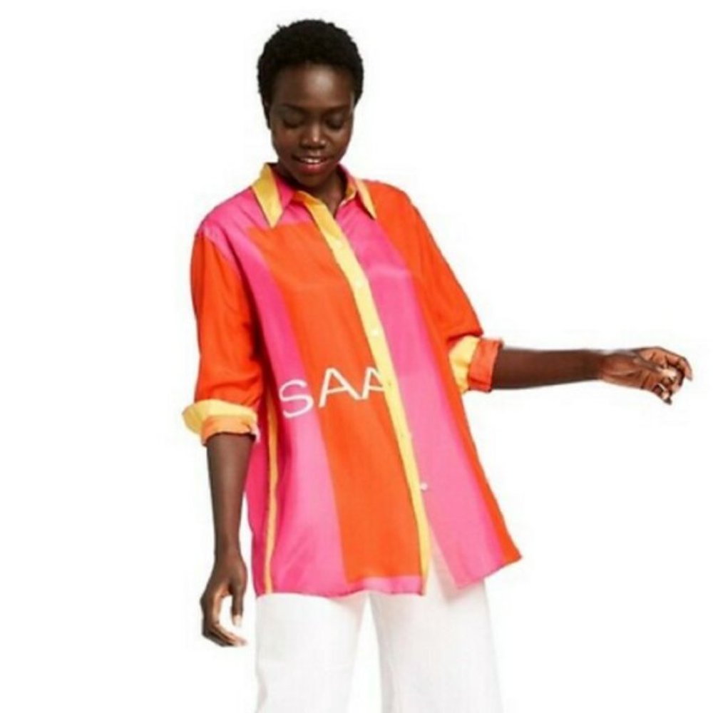 Issac Mizrahi | Oversized Colorblock Silk Shirt